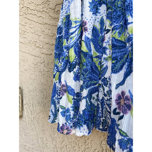 HAILEY & CO Blue White Purple & Green Floral Printed Smocked Tiered Maxi Dress L - Picture 9 of 13